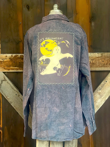 BOO! Ghost Art Flannel- Distressed Grey Plaid